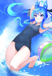 Rule 34 | 1girl, absurdres, ahoge, animal ears, aqua hair, armpits, arms up, ball, barefoot, beachball, black nails, blue eyes, blue hair, blue one-piece swimsuit, blue sky, breasts, cloud, cloudy sky, commentary, covered navel, day, english commentary, feet, gradient hair, grin, heterochromia, highres, horse ears, horse girl, horse tail, leg up, legs, long hair, looking at viewer, multicolored hair, nail polish, newtosapi, old school swimsuit, one-piece swimsuit, open mouth, outdoors, purple eyes, school swimsuit, sharp teeth, sidelocks, sky, small breasts, smile, solo, sparkle, standing, standing on one leg, swimsuit, tail, teeth, thigh gap, toenail polish, toenails, toes, twin turbo (umamusume), twintails, umamusume, wading, water