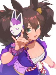 Rule 34 | 1girl, :3, animal ears, bead necklace, beads, bracelet, breasts, chest sarashi, cleavage, fang, fox mask, fox shadow puppet, green eyes, hair between eyes, highres, horse ears, horse girl, inari one (umamusume), japanese clothes, jewelry, kimono, kouhaku nawa, large breasts, looking at viewer, mask, medium hair, necklace, purple kimono, rongai rongai, rope, sarashi, scrunchie, shimenawa, short sleeves, simple background, solo, thick eyebrows, twintails, umamusume, upper body, v-shaped eyebrows, white background, wrist scrunchie