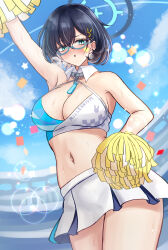 Rule 34 | 1girl, absurdres, alternate costume, arm up, armpits, black hair, blue-framed eyewear, blue archive, blush, breasts, breath, chihiro (blue archive), cleavage, confetti, facepaint, glasses, halo, highres, holding, holding pom poms, large breasts, latte (a nextsystem), lens flare, looking at viewer, millennium cheerleader outfit (blue archive), miniskirt, navel, pleated skirt, pom pom (cheerleading), pom poms, skirt, solo, sports bra, star (symbol), stomach, sweat, two-tone sports bra