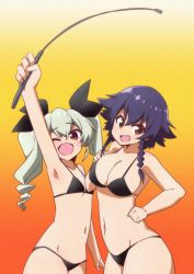 Rule 34 | 2girls, ;d, anchovy (girls und panzer), arm up, bad id, bad twitter id, bikini, black bikini, black hair, black ribbon, braid, breasts, brown eyes, drill hair, fang, girls und panzer, gradient background, green hair, hair ribbon, hair tie, hand on own hip, happy, highres, holding, inactive account, large breasts, long hair, looking at viewer, micro bikini, multiple girls, navel, okaasan (okaasandx), one eye closed, open mouth, orange background, pepperoni (girls und panzer), red background, red eyes, ribbon, riding crop, short hair, side braid, small breasts, smile, standing, swimsuit, texture, twin drills, twintails, wide hips