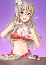 Rule 34 | 1girl, alcohol, anti (untea9), beer can, bikini, breasts, brown eyes, can, cleavage, commentary request, cup, drink can, drinking glass, drunk, food, gradient background, grey hair, hat, highres, holding, kantai collection, large breasts, mini hat, pola (kancolle), pouring, purple background, red bikini, red sarong, sarong, solo, squeans, swimsuit, table, tilted headwear, upper body, wavy hair, wine