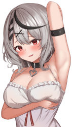 Rule 34 | 1girl, ahoge, arm support, arm up, armpits, bare shoulders, belt collar, black hair, blush, braid, breasts, cleavage, collar, fang, hair ornament, heart, heart necklace, hololive, irume3369, jewelry, large breasts, looking at viewer, multicolored hair, necklace, open clothes, red eyes, sakamata chloe, sakamata chloe (1st costume), silver hair, solo, streaked hair, virtual youtuber, x hair ornament