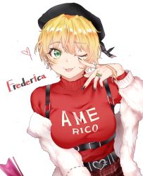 Rule 34 | 1girl, ;p, bad id, bad pixiv id, belt, belt buckle, beret, black belt, black hat, black nails, blonde hair, blush, breasts, buckle, character name, closed mouth, clothes writing, commentary request, cpqm, dutch angle, ear piercing, earrings, fingernails, green eyes, hair between eyes, hand up, hat, heart, heart-shaped buckle, highres, idolmaster, idolmaster cinderella girls, jacket, jewelry, long fingernails, long sleeves, medium breasts, miyamoto frederica, multicolored nails, nail polish, off shoulder, one eye closed, piercing, plaid, plaid skirt, red nails, red shirt, red skirt, ring, shirt, simple background, skirt, smile, solo, tongue, tongue out, white background, white jacket