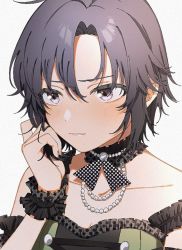 Rule 34 | 1girl, ahoge, asymmetrical bangs, bare shoulders, black eyes, black hair, blush, choker, collarbone, embarrassed, frilled choker, frilled cuffs, frills, idolmaster, idolmaster (classic), idolmaster million live!, iwawa, jewelry, kikuchi makoto, looking away, necklace, pearl necklace, short hair, simple background, solo, white background, wrist cuffs