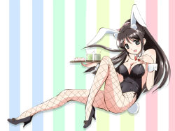 Rule 34 | 1girl, animal ears, black eyes, black footwear, black hair, black leotard, bow, bowtie, cup, detached collar, fake animal ears, food, full body, high heels, kinfuji, leotard, looking at viewer, mochi, open mouth, original, pantyhose, playboy bunny, rabbit ears, rabbit girl, rabbit tail, red bow, red bowtie, smile, solo, strapless, strapless leotard, striped, striped background, tail, touge chayako, tray, wagashi, wrist cuffs, yunomi
