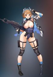 Rule 34 | 1girl, absurdres, bad id, bad pixiv id, belt, belt pouch, black footwear, black gloves, blue one-piece swimsuit, blue socks, boots, breasts, brown eyes, brown hair, brownie (last origin), chest strap, contrapposto, cross-laced footwear, elbow pads, fingerless gloves, full body, gloves, glowing, grey background, gun, halterneck, head-mounted display, highleg, highleg swimsuit, highres, holding, holding weapon, holster, jacket, knee pads, lace-up boots, large breasts, last origin, nipples, one-piece swimsuit, open clothes, open jacket, open mouth, pouch, rifle, sangobob, short hair, socks, solo, standing, sweat, swimsuit, thigh holster, thigh strap, third-party edit, torn clothes, torn gloves, torn jacket, torn swimsuit, utility belt, weapon