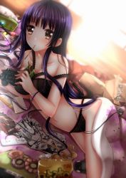 Rule 34 | 1girl, bad id, bad pixiv id, between breasts, black bra, black panties, blanket, blush, box, bra, branch, breasts, brown eyes, chips (food), controller, doughnut, female focus, food, food in mouth, game controller, handheld game console, highres, houraisan kaguya, jeweled branch of hourai, lingerie, long hair, lying, manga (object), mouth hold, multitasking, neet, off shoulder, panties, playing games, playstation vita, pocky, potato chips, purple hair, rabbit, solo, strap slip, swordsouls, tissue, tissue box, touhou, underwear, underwear only, wii remote, window