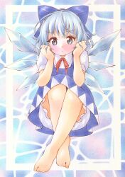 Rule 34 | 1girl, absurdres, barefoot, bloomers, blue background, blue bow, blue dress, blue hair, blush, border, bow, cirno, crossed ankles, dress, feet, full body, furuta tomohiro, hair bow, hands in hair, hands up, highres, ice, ice wings, knees up, light blue hair, looking at viewer, marker (medium), medium hair, neck ribbon, outside border, pinafore dress, puffy short sleeves, puffy sleeves, red ribbon, ribbon, shirt, short sleeves, sitting, sleeveless, sleeveless dress, solo, straight-on, toenails, toes, touhou, traditional media, underwear, white bloomers, white border, white shirt, wings