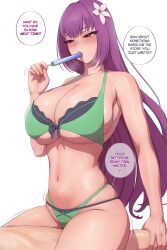 Rule 34 | 1boy, 1girl, bad source, blush, breasts, cleavage, collarbone, english text, fate/grand order, fate (series), food, fujimaru ritsuka (male), girl on top, hair ornament, highres, holding, holding food, holding popsicle, implied sex, large breasts, long hair, lvl (sentrythe2310), lying, navel, on back, open mouth, popsicle, purple hair, scathach (fate), scathach skadi (fate), scathach skadi (swimsuit ruler) (fate), scathach skadi (swimsuit ruler) (final ascension) (fate), simple background, solo focus, underboob, white background