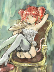 Rule 34 | 1girl, ahoge, arm behind head, arm up, armpits, baguette, boots, bread, camisole, chair, commentary, drill hair, eating, faux traditional media, food, footstool, garter straps, kasane teto, kedama black, lingerie, lips, looking at viewer, red eyes, red hair, short hair, sitting, solo, strapless camisole, thigh boots, thighhighs, twin drills, underwear, utau, white camisole, white thighhighs