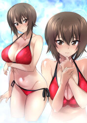 Rule 34 | 1girl, bikini, blue background, breasts, brown eyes, brown hair, closed mouth, collarbone, commentary request, girls und panzer, hair between eyes, highres, large breasts, looking at viewer, multiple views, nakahira guy, navel, nishizumi maho, red bikini, swimsuit, thighs