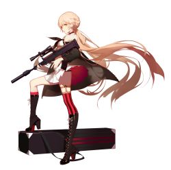 Rule 34 | 1girl, ask (askzy), assault rifle, blonde hair, boots, breasts, brown footwear, bullpup, clothes lift, collar, cross-laced footwear, girls&#039; frontline, gun, holding, holding gun, holding weapon, lips, long hair, official art, ots-14 (girls&#039; frontline), ots-14 groza, personification, pleated skirt, red thighhighs, rifle, single thighhigh, skirt, skirt lift, solo, striped clothes, striped thighhighs, suppressor, thighhighs, thighs, weapon, yellow eyes