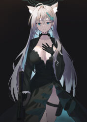 Rule 34 | 1girl, absurdres, ahoge, animal ear fluff, animal ears, black choker, black dress, black gloves, blue archive, blue eyes, breasts, choker, collarbone, cowboy shot, cross hair ornament, crying, crying with eyes open, dark halo, dress, extra ears, gloves, grey hair, gun, hair ornament, halo, highres, holding, holding gun, holding weapon, large breasts, long hair, long sleeves, midang, open mouth, shiroko (blue archive), shiroko terror (blue archive), solo, tears, weapon, wide sleeves, wolf ears