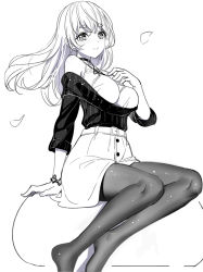 Rule 34 | 1girl, arm support, bare shoulders, blush, breasts, closed mouth, commentary request, floating hair, greyscale, hair between eyes, hand up, large breasts, long hair, long sleeves, monochrome, no shoes, off-shoulder sweater, off shoulder, original, pantyhose, petals, ririko (zhuoyandesailaer), saegusa futaba, shirt, simple background, sitting, skirt, sleeveless, sleeveless shirt, smile, solo, sweater, thick eyebrows, white background