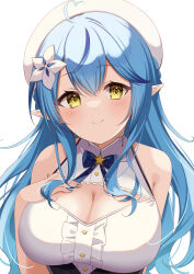Rule 34 | 1girl, ahoge, bare shoulders, beret, blue bow, blue hair, blush, bow, breast hold, breasts, center frills, cleavage, cleavage cutout, closed mouth, clothing cutout, commentary, facing viewer, flower, frilled shirt, frills, hair between eyes, hair flower, hair ornament, hair over breasts, hair spread out, happy, hat, head tilt, heart, heart ahoge, highres, hololive, kamachi (kamati0maru), large breasts, long hair, looking at viewer, multicolored hair, pointy ears, shirt, sidelocks, simple background, smile, solo, star ornament, straight-on, streaked hair, upper body, very long hair, virtual youtuber, white background, white flower, white hat, white shirt, yellow eyes, yukihana lamy