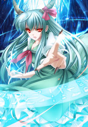 Rule 34 | 1girl, aqua hair, bamboo, collarbone, dress, ex-keine, female focus, fingernails, highres, horn ornament, horn ribbon, horns, kamishirasawa keine, long hair, looking at viewer, monety, open mouth, outstretched arm, red eyes, ribbon, sharp fingernails, solo, touhou