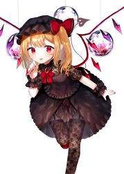 Rule 34 | 1girl, :p, alternate costume, black hat, black shirt, black thighhighs, blonde hair, blouse, brooch, collared shirt, commentary request, curled fingers, eyelashes, flandre scarlet, floral print, flower, foot out of frame, frilled cuffs, frilled skirt, frills, garter straps, gem, gothic lolita, hair ribbon, hand up, hat, jewelry, lace, lace legwear, layered skirt, leaning forward, leg up, lolita fashion, looking at viewer, medium skirt, mob cap, nail polish, neck ribbon, open hand, orb, red eyes, red footwear, red nails, red ribbon, ribbon, sakizaki saki-p, see-through, see-through sleeves, shirt, short sleeves, side ponytail, sidelocks, skirt, solo, standing, standing on one leg, string, thighhighs, tongue, tongue out, touhou, white background, wings, wrist cuffs, zettai ryouiki