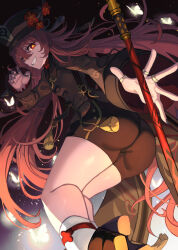 Rule 34 | 1girl, ass, black coat, black hat, black shorts, breasts, brown hair, coat, coattails, dawito, flower, genshin impact, grin, hat, hat flower, highres, hu tao (genshin impact), long hair, long sleeves, looking at viewer, looking back, plum blossoms, polearm, red eyes, shorts, small breasts, smile, solo, staff of homa (genshin impact), symbol-shaped pupils, thighs, twintails, very long hair, vision (genshin impact), weapon
