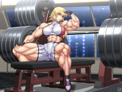 Rule 34 | 1girl, abs, armpits, arms up, bicep flex, biceps, blonde hair, breasts, brown eyes, cagalli yula athha, crop top, extreme muscles, full body, gloves, gundam, gundam seed, gym, highres, large breasts, looking at viewer, muscular, muscular female, ren (tainca2000), shoes, solo, sportswear, spread legs, sweat, veins