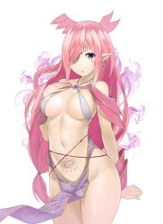 Rule 34 | 1girl, bare shoulders, blush, braid, breasts, brooch, cleavage, cowboy shot, earrings, hair ornament, hair over one eye, halterneck, hand on own chest, highres, jewelry, large breasts, long hair, looking at viewer, low-tied long hair, multiple earrings, nakamura nagare, navel, parted lips, pelvic curtain, phantasy star, phantasy star online 2, pink hair, pointy ears, purple eyes, revealing clothes, side braid, simple background, solo, stud earrings, very long hair, white background, wrist cuffs