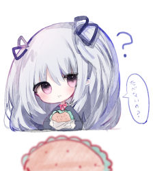 Rule 34 | 1girl, :t, bad id, bad pixiv id, black ribbon, black sweater, blurry, blurry foreground, blush, bow, chibi, closed mouth, cottontailtokki, depth of field, eating, food, granblue fantasy, grey hair, hair between eyes, hair ribbon, holding, holding food, long hair, long sleeves, looking at viewer, purple eyes, queen orchis, red bow, ribbon, shingeki no bahamut, simple background, solo, sweater, translation request, two side up, very long hair, wavy mouth, white background