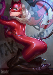 Rule 34 | 10s, 1girl, arched back, black thighhighs, blonde hair, bodysuit, boots, cleavage cutout, clothing cutout, earrings, from side, gloves, graffiti, jewelry, kneeling, latex, latex suit, long hair, looking away, mask, nekorin (nekoforest), parted lips, paw pose, persona, persona 5, ponytail, purple gloves, red bodysuit, skin tight, solo, tail, takamaki anne, thigh boots, thighhighs, wall, zipper