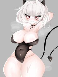 Rule 34 | 1girl, blush, breasts, choker, cleavage, cross, cross choker, demon girl, demon horns, demon tail, embarrassed, helltaker, highres, horns, large breasts, leotard, looking at viewer, malina (helltaker), medium hair, mikatsu27, playboy bunny, red eyes, tail, thick thighs, thighs, white hair, wide hips