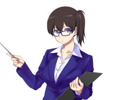 Rule 34 | 10s, 1girl, alternate costume, bespectacled, black eyes, blue-framed eyewear, breasts, brown hair, female focus, formal, glasses, highres, kaga (kancolle), kantai collection, large breasts, looking at viewer, md5 mismatch, office lady, pointer, short hair, shoumaru (gadget box), side ponytail, simple background, solo, suit, upper body, white background