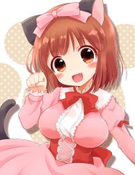 Rule 34 | 1girl, animal ears, blush, bow, breasts, brown eyes, brown hair, cat ears, cat tail, fang, hair bow, large breasts, long sleeves, looking at viewer, nekohime, netoge no yome wa onna no ko janai to omotta?, open mouth, pink bow, red bow, ringo (nanaprin), smile, solo, tail, upper body