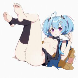 Rule 34 | 1girl, ahoge, barefoot, black sweater, black thighhighs, blue hair, bottomless, bow, breasts, cellphone, cleft of venus, feet, film grain, frontless outfit, grey background, hair between eyes, hair bow, hair ornament, hairclip, hand up, heart, heart ahoge, highres, holding, inseki11, large areolae, leaning back, legs, legs up, long hair, looking at viewer, medium breasts, meme attire, multicolored hair, no shoes, phone, pink hair, project-sp, purple eyes, pussy, ribbed sweater, seki (project-sp), single thighhigh, sleeveless, smartphone, smile, soles, solo, stirrup legwear, streaked hair, stuffed boar, sweater, thighhighs, toeless legwear, toenails, toes, two side up, uncensored, virtual youtuber