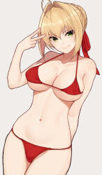 Rule 34 | 1girl, ahoge, bare shoulders, bikini, blonde hair, blush, braid, breasts, cleavage, cocq taichou, collarbone, fate/extra, fate (series), french braid, green eyes, hair bun, hair intakes, hair ribbon, highres, large breasts, long hair, looking at viewer, navel, nero claudius (fate), nero claudius (fate) (all), nero claudius (fate/extra), red bikini, red ribbon, ribbon, smile, solo, swimsuit, thighs, v