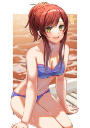 Rule 34 | 1girl, absurdres, alt text, alternate hairstyle, bare shoulders, bikini, blue bikini, blush, breasts, cleavage, collarbone, highres, idolmaster, idolmaster shiny colors, kaiso (kaisooekaki), long hair, looking at viewer, medium breasts, navel, ocean, open mouth, osaki amana, outdoors, ponytail, red hair, sitting, smile, solo, swept bangs, swimsuit, water, wet, yellow eyes