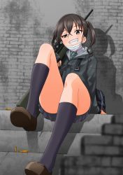 Rule 34 | 1girl, absurdres, ai arctic warfare, arm support, asanaya, ass, bag, black hair, black jacket, black skirt, black socks, blurry, blurry background, blurry foreground, blush, bolt action, brown eyes, brown footwear, bullet, commentary request, convenient leg, day, depth of field, green necktie, grin, gun, hair between eyes, head tilt, highres, holding, holding gun, holding weapon, hood, hood down, hooded jacket, idolmaster, idolmaster cinderella girls, jacket, knee up, kneehighs, loafers, long hair, long sleeves, looking at viewer, mask, miniskirt, mole, mole under eye, mouth mask, necktie, outdoors, pleated skirt, rifle, school bag, scope, shadow, sharp teeth, shirt, shoes, sidelocks, sitting, skirt, sleeves past wrists, smile, sniper rifle, socks, solo, stairs, striped necktie, striped neckwear, sunazuka akira, surgical mask, teeth, thighs, twintails, uneven eyes, wavy hair, weapon, white shirt