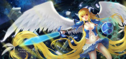 Rule 34 | 1girl, absurdly long hair, absurdres, angel wings, astraea (sora no otoshimono), blonde hair, blue skirt, blush, breasts, character name, cleavage, highres, holding, holding sword, holding weapon, hongse beiyu, large breasts, long hair, looking at viewer, navel, panties, parted lips, skirt, solo, sora no otoshimono, sword, underwear, very long hair, weapon, white panties, wings
