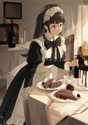 Rule 34 | 1girl, absurdres, black bow, bottle, bow, bread, brown eyes, cake, candle, closed mouth, flower, food, highres, indoors, light smile, long hair, maid, maid headdress, original, picture frame, plant, puffy sleeves, sketch, sleeves past wrists, smile, solo, standing, twintails, wine bottle, yellow flower, yeyuanqianqianqian