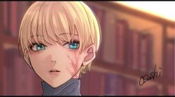 Rule 34 | 1girl, animification, apex legends, aqua eyes, bad id, bad twitter id, blonde hair, blurry, blurry background, book, bookshelf, cropped, lightning scar, osushimax, parted lips, pink lips, portrait, scar, scar on face, short hair, signature, solo, teeth, turtleneck, upper body, wattson (apex legends)