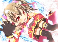 Rule 34 | 10s, 1girl, :d, armor, black gloves, black thighhighs, breastplate, brown hair, dragon, fingerless gloves, from above, gloves, hair ornament, looking at viewer, looking up, open mouth, petals, pina (sao), pleated skirt, red eyes, silica, skirt, smile, sword art online, thighhighs, twintails, waving, yuimari, zettai ryouiki