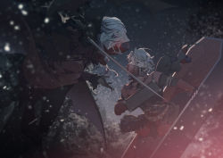 Rule 34 | 2boys, aesop carl, belt, black gloves, blurry, blurry background, coffin, eye contact, gloves, grey eyes, holding, holding sword, holding weapon, identity v, joseph desaulniers, looking at another, male focus, mask, mono (freerotary), multiple boys, night, outdoors, sword, weapon, white hair