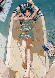 Rule 34 | 1girl, amiyakinyu, arm up, bad id, bad tumblr id, bare legs, barefoot, bathtub, black hair, cellphone, closed eyes, clothed bath, drawstring, from above, glasses, highres, long hair, open mouth, original, phone, plate, sleeveless, solo, tank top