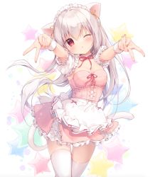 Rule 34 | 1girl, ;o, animal ears, apron, breasts, cat ears, cat girl, cat tail, cleavage, commentary request, double v, dress, frilled apron, frilled dress, frills, grey hair, hair between eyes, head tilt, highres, inae koron, koi ni kanmi o soete, maid headdress, medium breasts, miyasaka naco, nail polish, one eye closed, original, parted lips, pink dress, pink nails, puffy short sleeves, puffy sleeves, red eyes, short sleeves, solo, standing, star (symbol), starry background, strapless, strapless dress, tail, thighhighs, v, waist apron, white apron, white background, white thighhighs, wrist cuffs