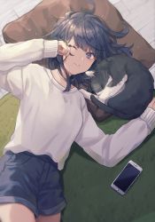 Rule 34 | 1girl, animal, black hair, blue shorts, cat, cellphone, closed mouth, commentary request, cowboy shot, denim, denim shorts, fingernails, from above, highres, iphone, long hair, long sleeves, looking at viewer, lying, on back, on side, one eye closed, original, pants, pants tucked in, phone, pillow, purple eyes, rubbing eyes, saino misaki, short shorts, shorts, sleeves past wrists, smartphone, smile, solo, sweater, white sweater, wooden floor