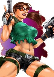 Rule 34 | 1girl, backpack, bag, bare shoulders, belt, breasts, brown hair, covered erect nipples, crop top, dual wielding, fingerless gloves, glasses, gloves, grin, gun, handgun, highres, holding, holster, lara croft, large breasts, lips, lipstick, long hair, makeup, midriff, navel, no bra, pistol, ponytail, red-tinted eyewear, red-tinted glasses, shirt, short shorts, shorts, smile, solo, sunglasses, taut clothes, taut shirt, thigh holster, tinted eyewear, tomb raider, trigger discipline, vigwer, weapon, wristband