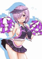 Rule 34 | 1girl, armpits, blush, breasts, brynhildr (cheer for master) (fate), chan (akuty ikkot), cheerleader, commentary request, crop top, crop top overhang, embarrassed, eyes visible through hair, fate/grand order, fate (series), hair over one eye, highres, looking at viewer, mash kyrielight, medium breasts, midriff, miniskirt, navel, open mouth, pom pom (cheerleading), purple eyes, purple hair, short hair, sideboob, skirt, sleeveless, solo