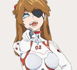 Rule 34 | 1girl, blue eyes, bodysuit, breasts, brown hair, disgust, evangelion: 3.0+1.0 thrice upon a time, eyepatch, from above, hair between eyes, hair ornament, index finger raised, interface headset, long hair, looking at viewer, lqigwhr7eydrns2, medium breasts, neon genesis evangelion, open mouth, pilot suit, plugsuit, rebuild of evangelion, shiny skin, simple background, skin tight, solo, souryuu asuka langley, tsundere, white bodysuit