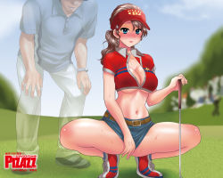 Rule 34 | 1boy, 1girl, action pizazz, belt, blush, breasts, cleavage, crop top, earrings, ghost, golf, golf club, jewelry, large breasts, midriff, miniskirt, navel, official art, official wallpaper, pon takahanada, ponytail, shiny skin, skirt, squatting, sweat, underboob, visor, visor cap, wallpaper, watch
