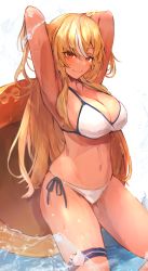 Rule 34 | 1girl, absurdres, armpits, arms up, bikini, blush, breasts, cleavage, closed mouth, commentary request, dark-skinned female, dark skin, hair between eyes, halterneck, highres, hololive, large breasts, long hair, looking at viewer, multicolored hair, navel, red eyes, shiranui flare, side-tie bikini bottom, smile, solo, stomach, streaked hair, string bikini, swimsuit, thigh strap, tsumeki, very long hair, virtual youtuber, white bikini, white hair