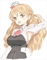 Rule 34 | 10s, 1girl, :o, armpits, bare shoulders, blonde hair, braid, breasts, commentary request, french braid, grey eyes, hat, kantai collection, kawata hisashi, large breasts, long hair, looking at viewer, miniskirt, open mouth, skirt, solo, wavy hair, zara (kancolle)