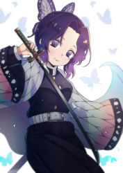 1girl bad_id bad_pixiv_id belt black_jacket black_pants bug butterfly butterfly_hair_ornament closed_mouth commentary_request forehead gradient_hair hair_ornament highres holding holding_sword holding_weapon insect jacket katana kimetsu_no_yaiba kochou_shinobu long_sleeves looking_at_viewer multicolored_hair pants parted_bangs purple_eyes purple_hair simple_background siragagaga smile solo sword unsheathed weapon white_background white_belt wide_sleeves