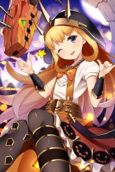 Rule 34 | 10s, 1girl, :p, ;p, bad id, bad pixiv id, blonde hair, book, boots, bow, bracelet, cagliostro (granblue fantasy), cape, chibi, crown, demon horns, dragon, gem, granblue fantasy, halloween, halloween costume, highres, horns, jewelry, kurogoma (haruhi3), long hair, night, night sky, one eye closed, ornament, pumpkin, purple background, purple eyes, purple theme, sky, smile, solo, star (symbol), suspenders, thighhighs, tongue, tongue out