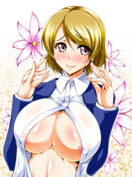 Rule 34 | 10s, 1girl, areola slip, blazer, blonde hair, blush, body blush, breasts, brown hair, buttons, cleavage, covered erect nipples, embarrassed, fingernails, floral background, flower, high collar, huge breasts, jacket, kanten, koizumi hanayo, light brown hair, long fingernails, long sleeves, looking away, love live!, love live! school idol project, nipples, no bra, open clothes, open shirt, outline, purple eyes, raised eyebrows, school uniform, see-through, shirt, short hair, smile, solo, sweat, swept bangs, underboob, upper body, wing collar